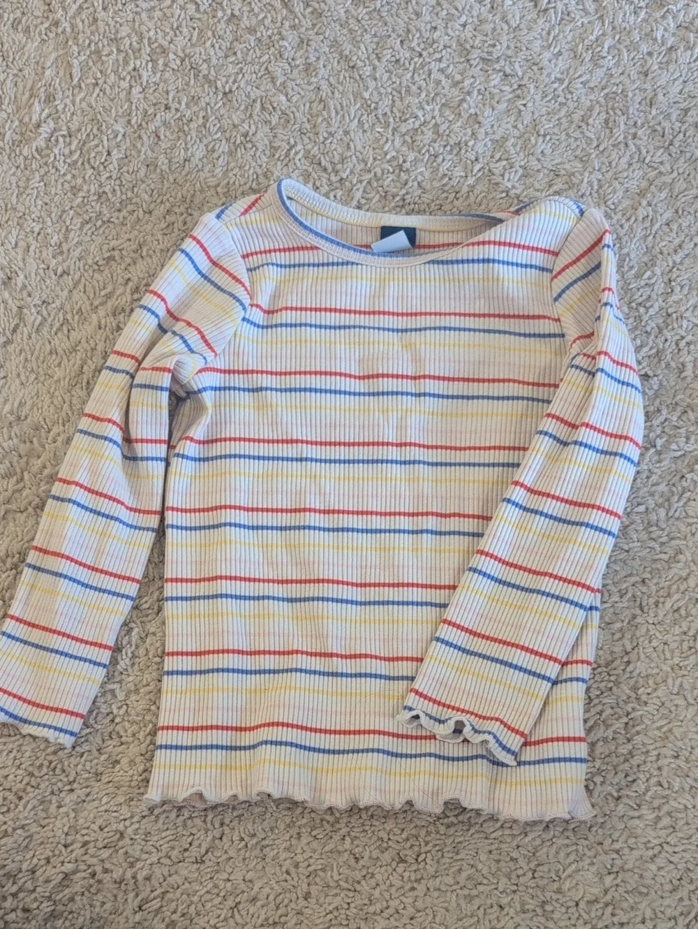 Old Navy Cream Ribbed Long Sleeve Tee with Red, Blue and Yellow Stripes